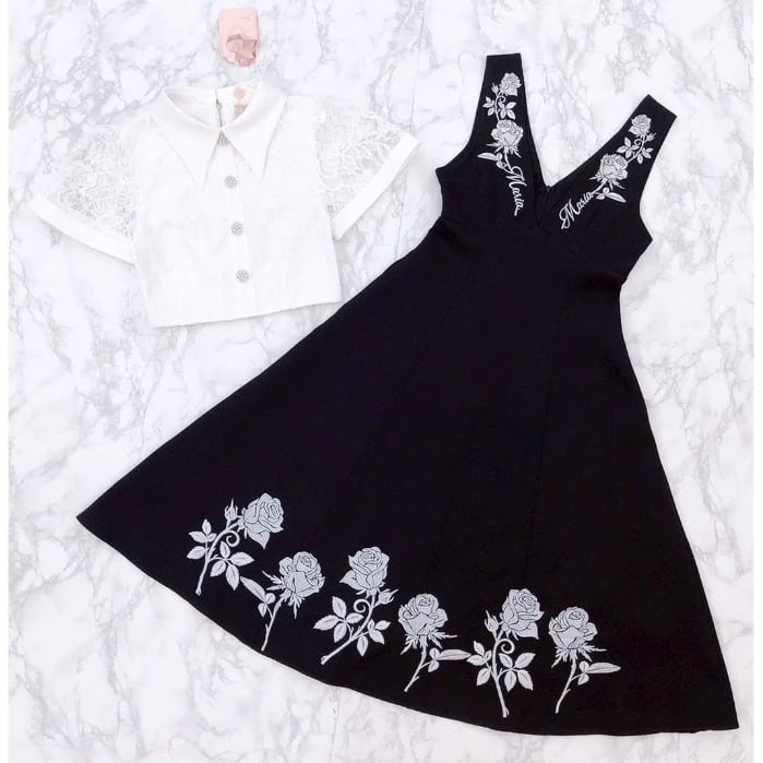 (มี3XL) Maria Diamond สีขาวดำ Maya Dress เซ็ต 2 ชิ้น เดรสแขนกุดงานปักซิปหลัง + เสื้อเชิ้ตลูกไม้ซิปหลัง ซับในทั้งชุด